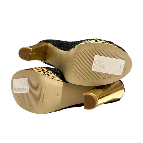 Guess UREEKALY Black Sequins Gold Heel Leopard Platform Heels Size 6.5 M - Picture 8 of 11